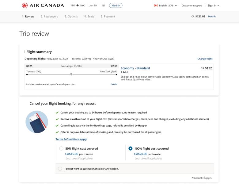 Air Canada became the first airline with Hopper's flight cancellation